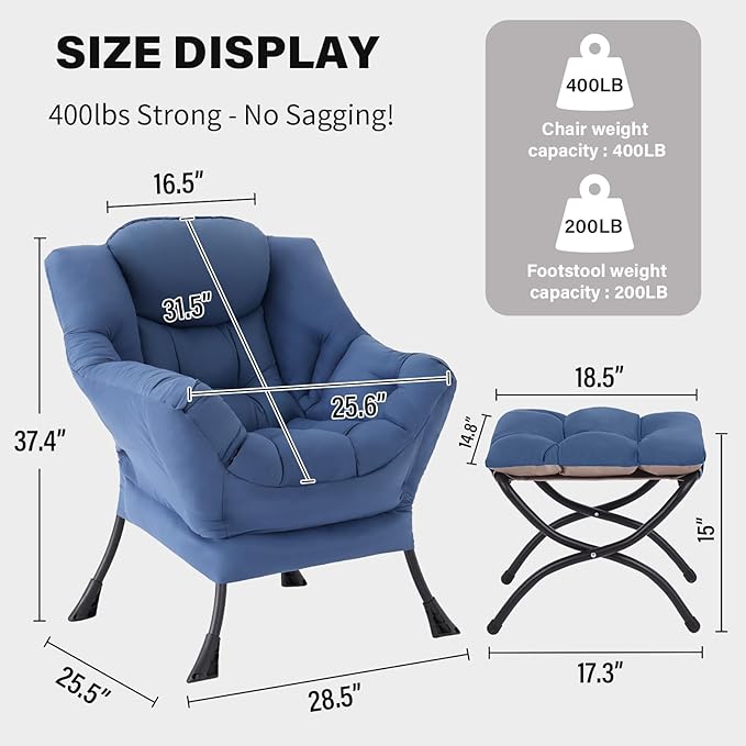 Tiita Lazy Chair with Ottoman, Blue Chairs Modern Large Accent Lounge Armchair, Comfy Leisure Sofa Reading Chair with Footrest for Bedroom, Living Room, Dorm Rooms, Garden and Courtyard, Blue