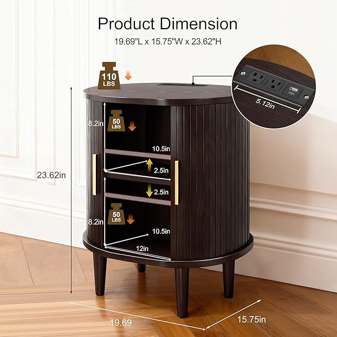 DHH Mid Century Modern Nightstand Set of 2 with Charging Station, Fluted Accent Side Table with Sliding Door & Adjustable Shelf, End Table for Small Space, Living Room, Bedroom,Sofa Couch, Brown