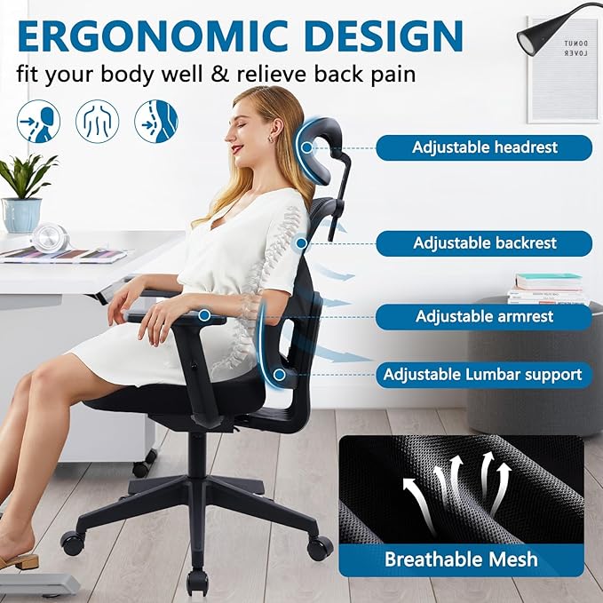 CLATINA Heavy Duty Ergonomic Office Chair 400LBS, Big and Tall Desk Chair with Adjustable Lumbar Support Mesh Back & Headrest, Swivel Computer Task Chair with 3D Arms for Home, Conference, Black, 8PCS