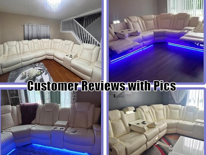 Dekmxas Creamy White Breathing Leather Power Reclining Sectional Sofa Set, Leather Recliner Sofa with LED Light, Living Room Furniture Sets with Storage Console/Cup Holder/USB Port for RV/Home Theater