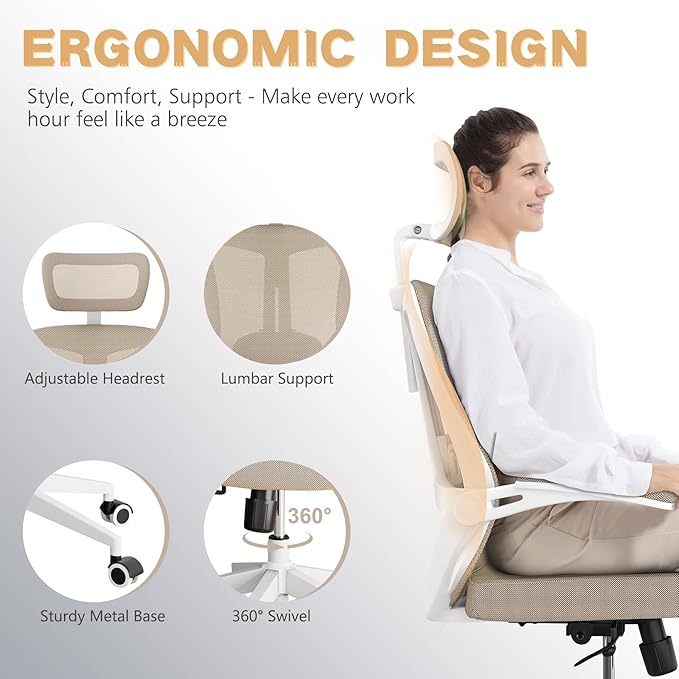 Ergonomic Office Chair - 400LB Comfy Desk Chairs with Adjustable Headrest and Lumbar Back Support, Mesh Computer Chairs with Wheels and Arms for Home Office, Study (Khaki-with Headrest)