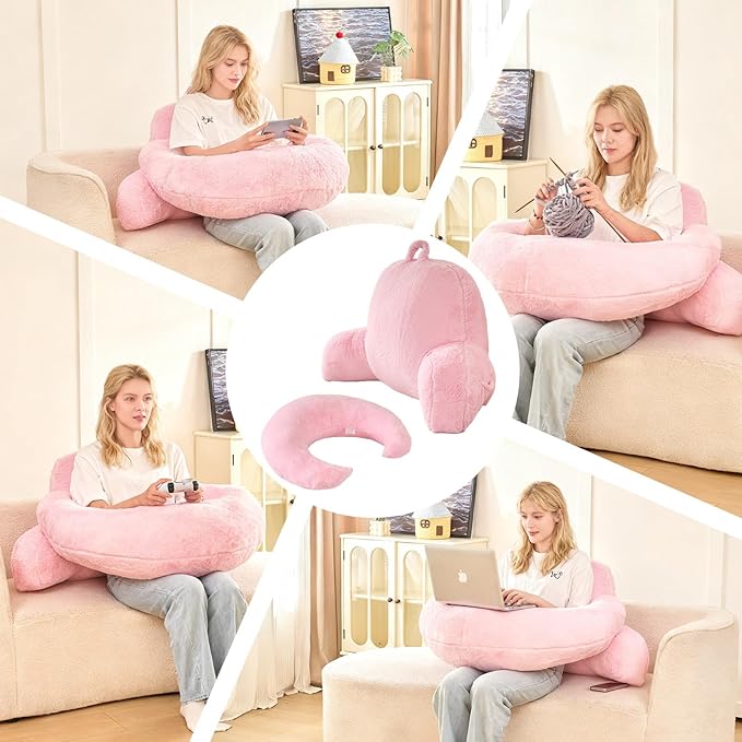 PAJEO Reading Pillow for Bed,U Shaped & Back Support Pillow for Bed,17" Backrest with Lumbar & Arm Support,Luxurious Faux Rabbit Fur,Gaming PillowFor Crochet/Reading/Watching TV,Pink
