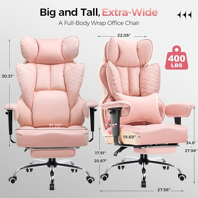 COMHOMA Desk Office Chair 400LBS Big and Tall Office Chairs Ergonomic Gaming Chairs with Wide Seat Leather High Back Chair with Foot Rest Adjustable Armrests Pocket Spring Lumbar Support