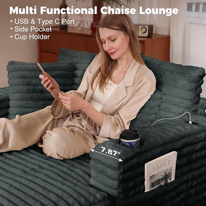 HUSFU Chaise Lounge Chair Indoor, 60'' Oversized Sleeper Sofa, Chaise Lounge Reading Chairs for w/Cup Holder and USB&Type C Port, Plush Faux Fur Cloud Sofas Couches for Living Room, Grey Blue, 2PCS