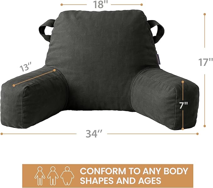 Unisakey Portable Comfy Reading Pillows for Bed Sitting Up(Grey Oeko-Tex), Velvet Back Pillow with Arms & Pockets for Adults, Support Memory Foam Bed Pillow for Dorm/Reading/Watching/Gaming