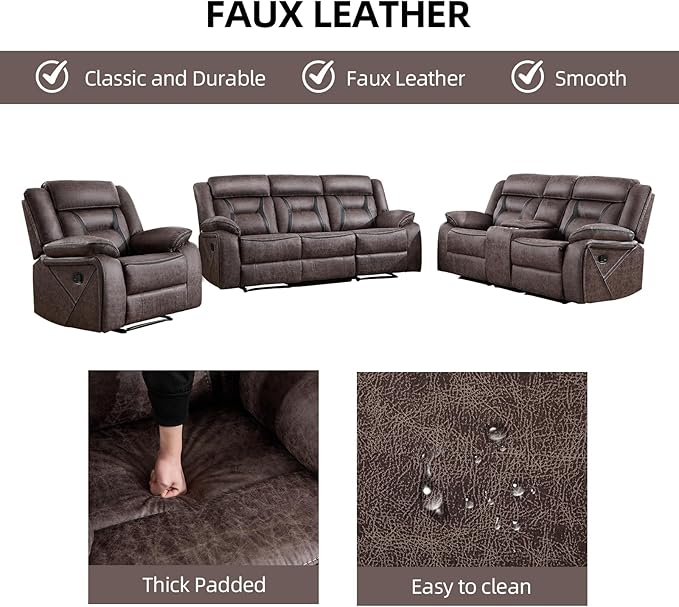 EBELLO Faux Leather Recliner Sofa Furniture Set for Living Room, Recliner Chair, Manual Loveseat, 3 Seat Recliniing Sofa Couch Set for Meeting Room, Grey