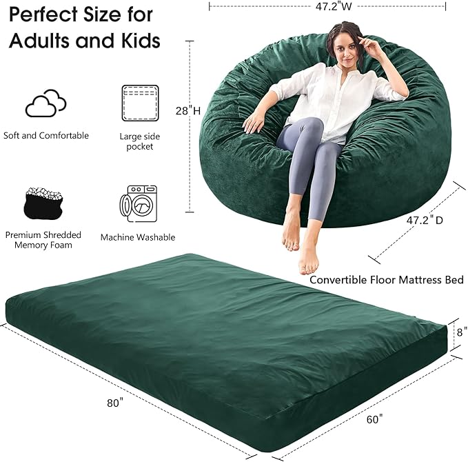 Bean Bag Chairs for Adults - Giant Bean Bag Chair Convertible Bean Bag Bed - Beanbag Chair with Micro Fiber Cover/Furniture Foam Filler - Floor Couch Sofa in Bedroom Dorm Room - Queen Green