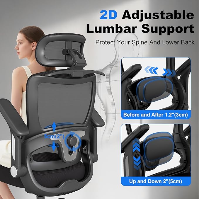 ZZH Ergonomic Office Chair, High Back Home Desk Chair with Adjustable Lumbar Support, Headrest, Flip-Up Arms, 90-135° Tilt Lock and Wide Cushion, Big and Tall Mesh Computer Seating with Wheels