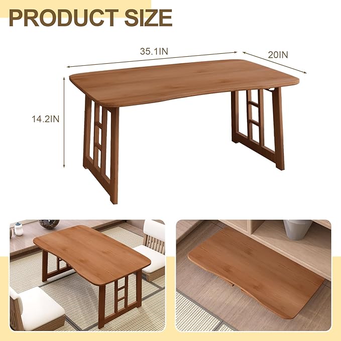 JNNXZZ Japanese Folding Coffee Table,Bamboo Foldable Low Table for Sitting On Floor,Collapsible Floor Tea Tables,Portable Meditation Table for Tatami Living Room Bay Window Office Apartment (Brown)
