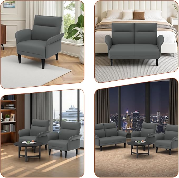 3-Piece Symmetrical Shawl Arm Sofa Set, Faux Leather Loveseat & 2 Accent Chairs with Wide Armrests, Wooden Legs, Upholstered Living Room Set for Cozy Spaces(Gray)