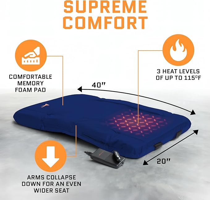 Heated Stadium Seats for Bleachers with Back Support – USB Battery Included - Upgraded 3 Levels of Heat - Foldable Chair - 4 Pockets for Snacks, Cup Holder - for Camping, Games & Sports (Navy Blue)