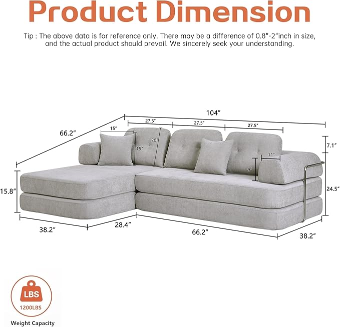 SUYOLS L Shaped 104" Modular Sectional Sofa Bed with Pillows, 8-in-1 Convertible Couch,Sturdy Stainless Steel Frame,Removable Washable Cover,High Resilience Sponge,for Living Room,Apartment,Light Gray