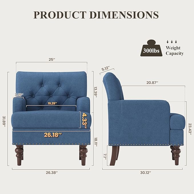 Upholstered Accent Chair with Thick Cushion, High Back Reading Chair, Linen Blend Armchair with Solid Rubberwood Legs for Living Room, Bedroom, Reading Nook, Apartment & Small Spaces,Blue
