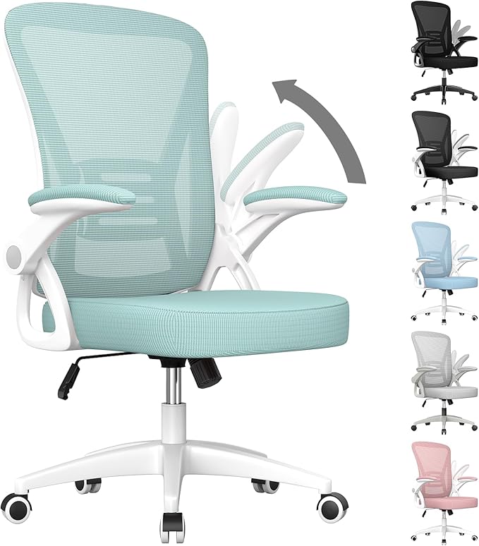 naspaluro Ergonomic Office Chair, Computer Chair with Adjustable Height, Flip-Up Arms and Lumbar Support, Breathable Mesh Desk Chair for Home Study Working (Without Headrest, Green)