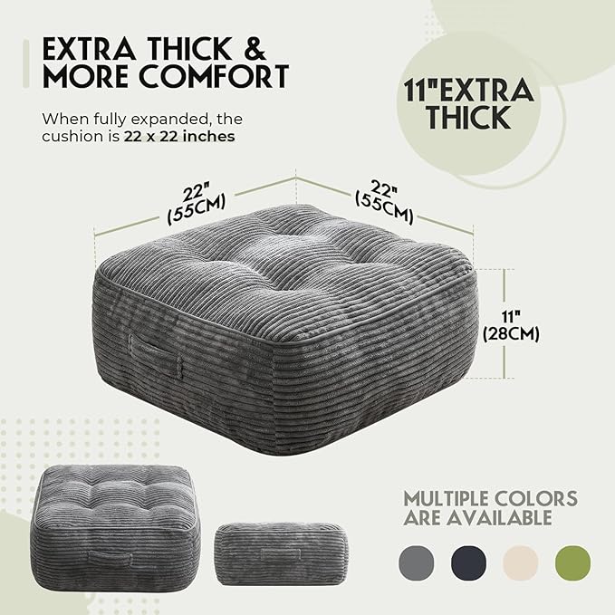 11In Washable Floor Pillow for Adults, Yoga & Meditation Cushion with Handle, Square Large Pillows Seating with Removable Tufted Corduroy Cover for Tatami Living Room Board Games, Light Gray