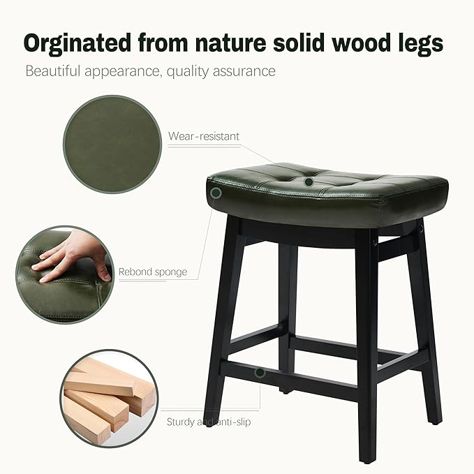 RNKSFX Counter Height Bar Stools Set of 4 for Kitchen Counter Farmhouse Modern Barstools with Faux Leather Upholstered Backless Seat and Solid Wood Legs 24 inch Bar Chairs, Green + Black