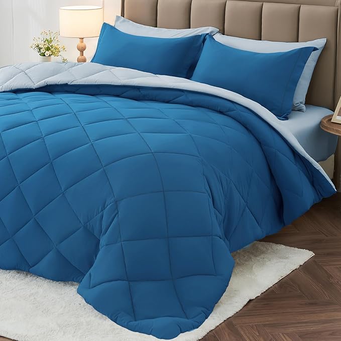 MUXHOMO 7 Pieces California King Comforter Set, Reversible Bed in a Bag Cal King Size, All Season Bedding Set with Comforter, Flat Sheet, Fitted Sheet, Pillowcases & Shams, Teal & Lake Blue