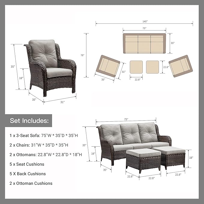 Rilyson Outdoor Furniture Set, 5-Piece Patio Rattan Wicker Sectional Sofa Set with 3-Seat Couch, 2 Armchairs, 2 Ottoman Footrests for Patio Conversation (5 PC,Brown/Grey)