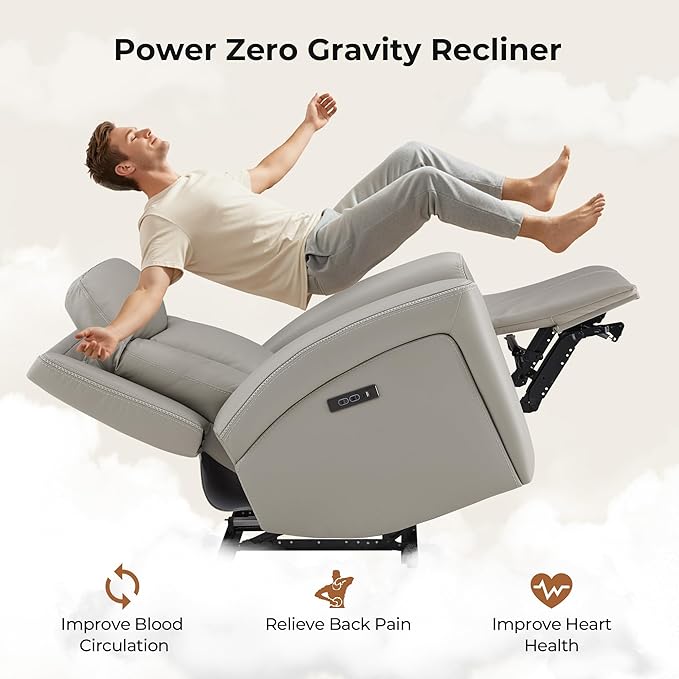 CHITA Genuine Leather Power Recliner Chair for Adults, Super Zero Gravity Recliner with Adjustable Power Headrest & USB/Type-C Ports, for Living Room, Bedroom & Home Theater, Light Gray