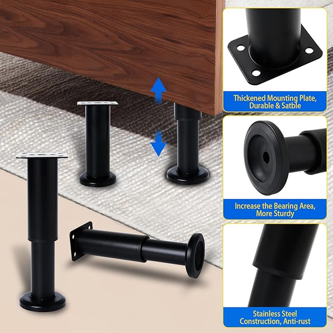 Olldag 6 PCS Adjustable Furniture Couch Cabinet Legs 4.72-7.48 Inch, Heavy Duty Adjustable Height Replacement Legs for Dresser/Sofa/Bed/Chair, Legs for Furniture Set of 6 (Black)