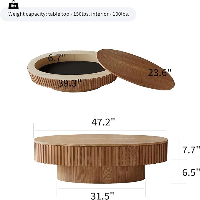 Oval Coffee Table for Living Room Modern Wood Center Tables with Storage Drum Tea Cocktail Fluted Mid Century Apartment Easy Assemble, Wood 31.5" D x 47.2" W x14.2 H
