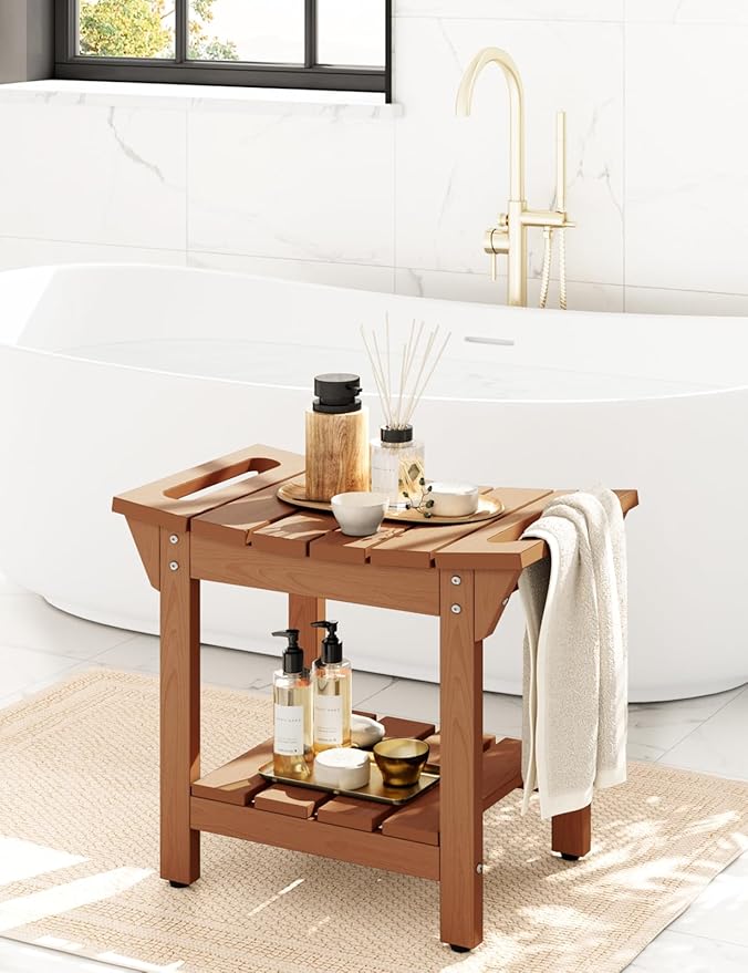 Waterproof Shower Bench, Poly Lumber Shower Stool for Shaving Legs, Shower Chair Seat with Storage Shelf and Handles, Bathroom Bench for Inside Shower, Non-Slip (Brown)