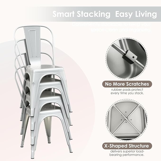 Metal Dining Chairs Set of 2,Stackable Tolix Chair Indoor/Outdoor for Kitchen,Cafe,Restaurant,Bistro & Patio Multiple Colors(Silver)