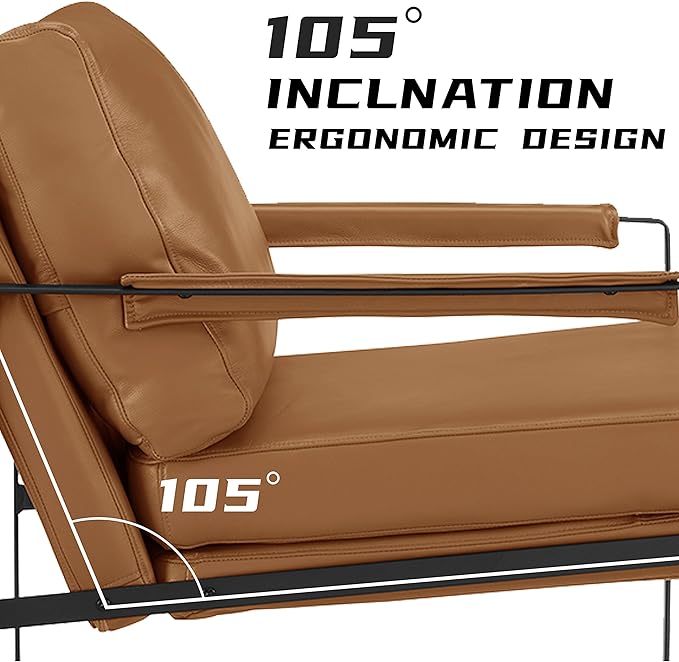 Volans Mid Century Modern Genuine Leather Accent Chair with Arms for Living Room, Metal Frame Armchair Reading Chair, Lounge Chair Single Sofa for Bedroom Office, Brown