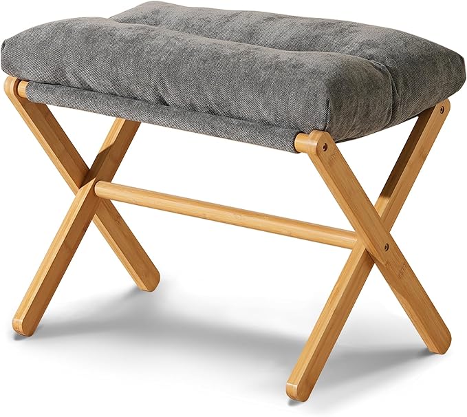 Folding Upholstered Footrest Stool, Small Accent Ottoman with Thick Cotton Cushion & Bamboo X Legs, Modern Padded Sofa Stool for Makeup Bedroom Living Room, Grey