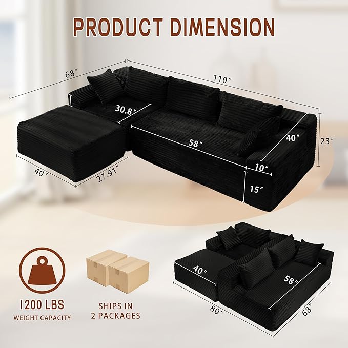 Korser 110" Sectional Couches for Living Room, Modular Sectional Sofa with L-Shape Chaise, Cloud Couch, Comfy Corduroy Fluffy Couch with Deep Seat and Side Pockets