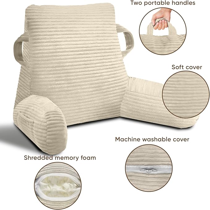 ABROLOY Reading Pillow for Sitting in Bed Adult, Bed Reading Pillow with Shredded Memory Foam, Back Pillow for Sitting with Arms and Pockets, Beige