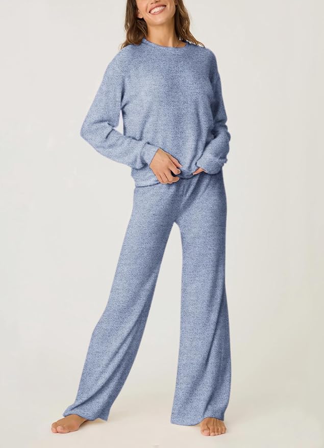 Aamikast Women's 2-Piece Lounge Set Soft Brushed Jersey Sleepwear Pajamas Set Long Sleeve Top & Wide Leg Pants