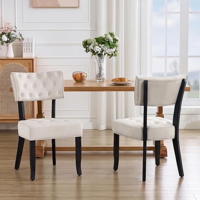 UVV Upholstered Dining Chairs Set of 2, Mid Century Modern Tufted Kitchen Chairs Dining Room Chairs, Velvet Dinner Chair with Wood Legs for Dining Room Kitchen, Beige-Black Legs
