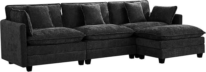 UMBFUN 3-Seater Cloud Couch with Ottoman, Oversized Comfy Modular Sectional L Shaped Sofa with Deep Seats, Chenille Couch for Living Room, Dark Grey