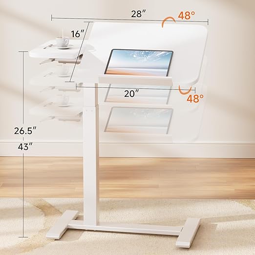 GTRACING Overbed Bedside Table with Wheels,Tiltable Hospital Bed Table Over The Bed, Pneumatic Adjustable Rolling Laptop Desk, Mobile Standing Desk for Hospital and Home Use (White)