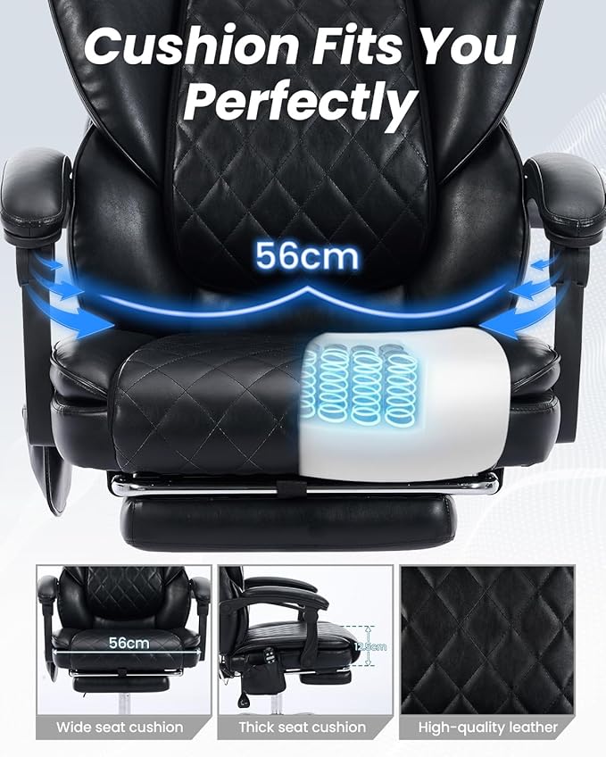 Massage Chair with Footrest and Wider Upholstered Seat, Ergonomic Executive Vibration & Heat Office Chair for Heavy People, Big and Tall Reclining Desk Office Chair for Home Office, Black