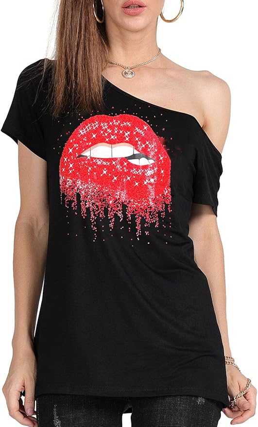 MAGICMK Women’s Short Lips Print Causal Off The Shoulder Plus Size T-Shirt Tops