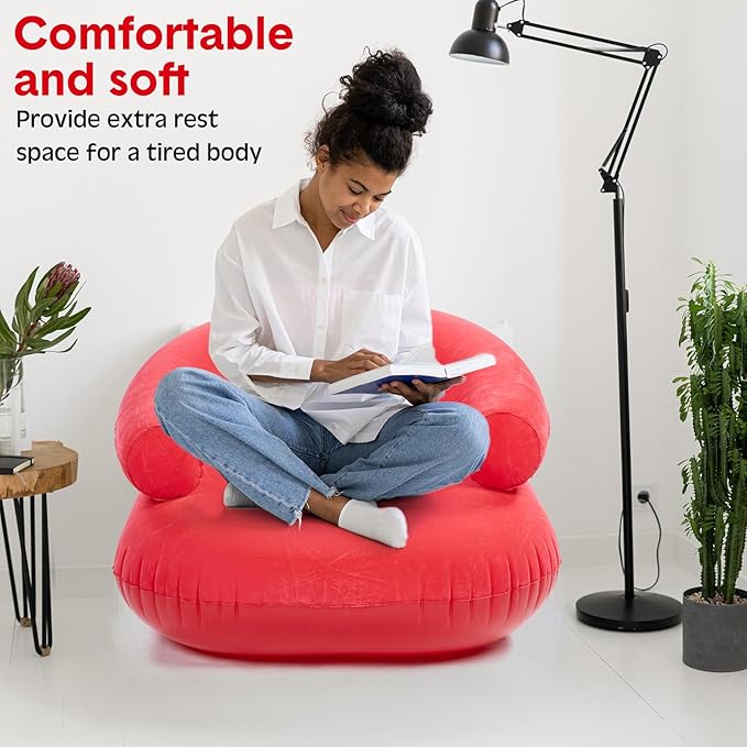 Threehoney 2 Pcs Inflatable Lounge Chair Deck Chair Lazy Sofa, Blow Up, Folding, Portable Couch for Home, Office Balcony, Floor Seating (Red)