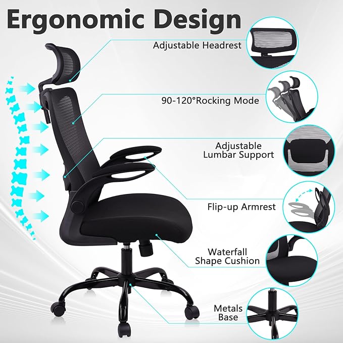CLATINA Heavy Duty Ergonomic Mesh Office Chair 400LBS, Big and Tall Desk Chair with Adjustable Lumbar Support & Headrest, Flip Up Padded Arms, Swivel Computer Chair for Home, Conference, Black, 4 PACK