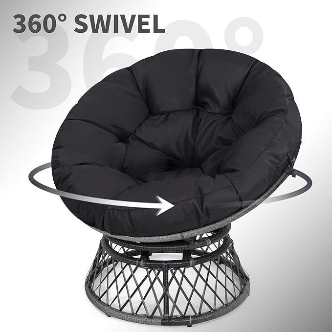 Kromax 40" Ergonomic Wicker Papasan Chair, 360° Swivel Round Egg Chair with Soft Thick Cushion, Indoor Outdoor Use for Living Room, Bedroom, Reading Room, Grey Frame with Black Cushion