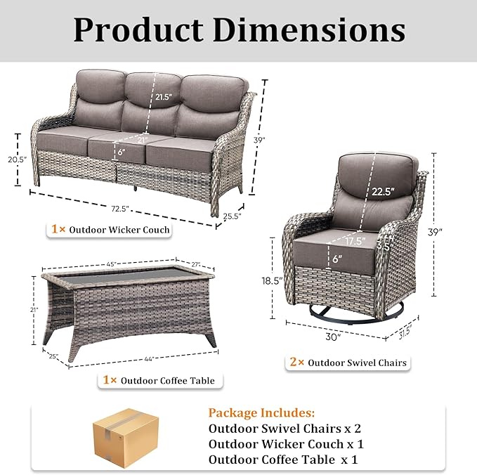 Pugire Luxury High Back Patio Furniture Set with 6-Inch Thick Cushions, 4-Pieces Outdoor Furniture with Swivel Chairs, Wicker Conversation Set for Porch, Balcony, Deck and Yard, Grey