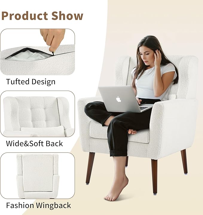 CHSICFOR Modern Accent Chair, Upholstered Arm Chair with Waist Pillow, Single Sofa Chair for Living Room Bedroom Small Spaces (White)