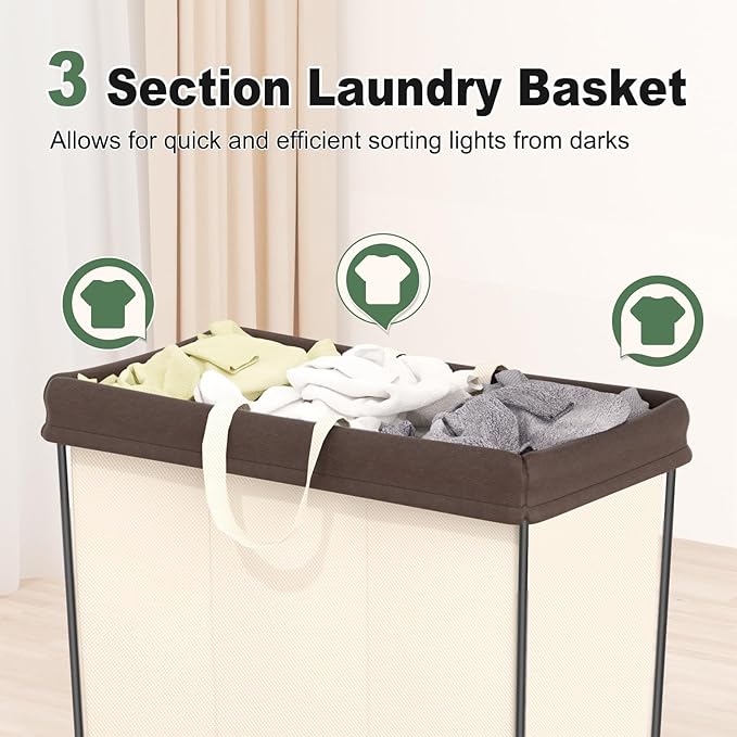 Mefirt 320L Laundry Hamper with Wheels, 3 Section Large Rolling Laundry Basket Bag with Wheels, Clothes Hamper Cart for Laundry, Bedroom, Bathroom and Dorm