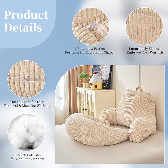 PAJEO Back Pillow for Bed Sitting Up,U Shaped & Back Support Pillow for Bed,19" Backrest with Lumbar & Arm Support,Comfy Corduroy Fabric,Lap Pillow for Gaming/Reading/Watching TV,White