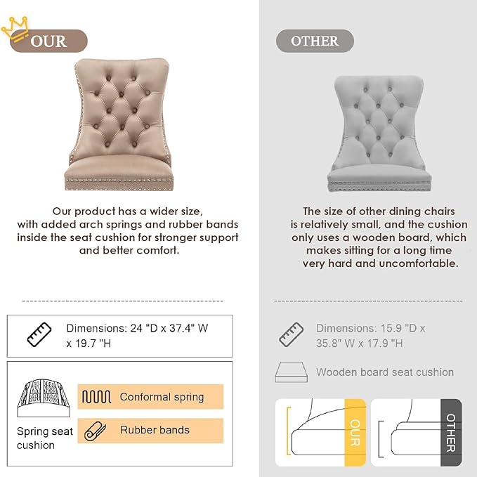 Kiztir Velvet Dining Chairs Set of 4, Upholstered Dining Chairs with Ring Pull Trim and Button Back, Luxury Tufted Dining Chair for Living Room, Bedroom, Kitchen (Khaki)
