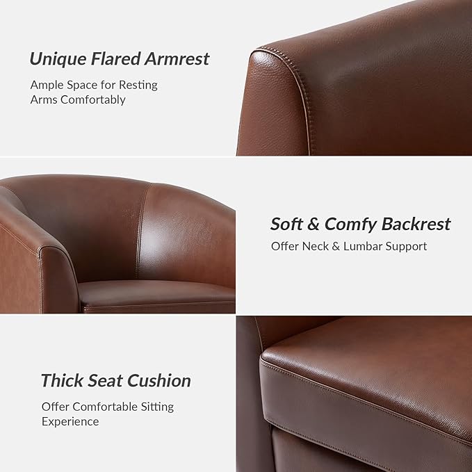 HULALA HOME Genuine Leather Swivel Accent Chairs Set of 2 with Solid Wood Base, Round Swivel Barrel Chairs for Living Room and Bedroom, Brown