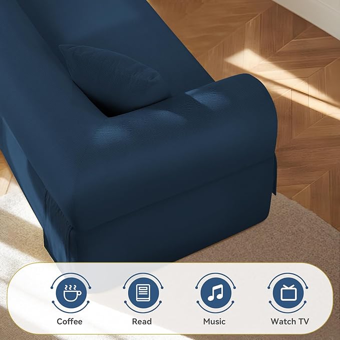83" Boneless Couch, 3 Seater Sofa with 2 Matching Pillows Compact Corduroy Couches for Living Room Side Storage Pockets, Floor Sofa with Removable Armrests, No Assembly Required, Blue