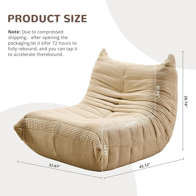 Bean Bag Chair - Corner Sofa, Fireside Chair Bean Bag Sofa Large Bean Bag Chair for Adults,Fireside Floor Couch for Living Room, Bedroom, Gaming (Yellow, Single) (Khaki, Single)
