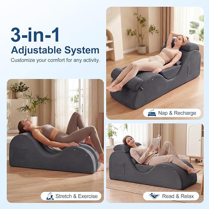 Yoga Chaise Lounge Chair, S-Shaped Floor Sofa with Moveable Headrest, Lumbar Pillow, Support Cushion, Footrest, Non-Slip Base, No-Assembly Lounger for Stretching, Meditation & Relaxation (Grey)