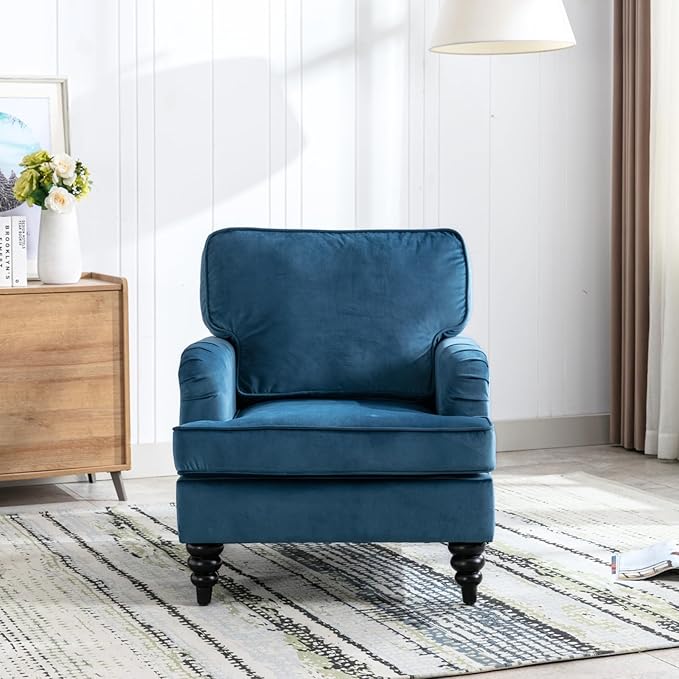 chairus Mid Century Modern Velvet Accent Chair, Vintage Club Armchair with Firm Supportive Seat & Soft Backrest, Comfy Single Sofa Reading Chair for Living Room Bedroom Apartment, Blue
